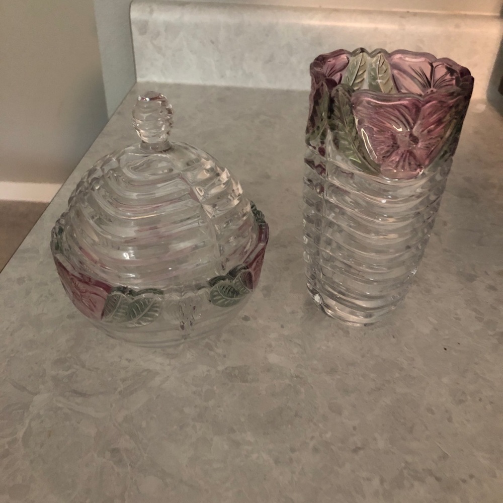 Beautiful crystal flower vase & candy dish with lid.